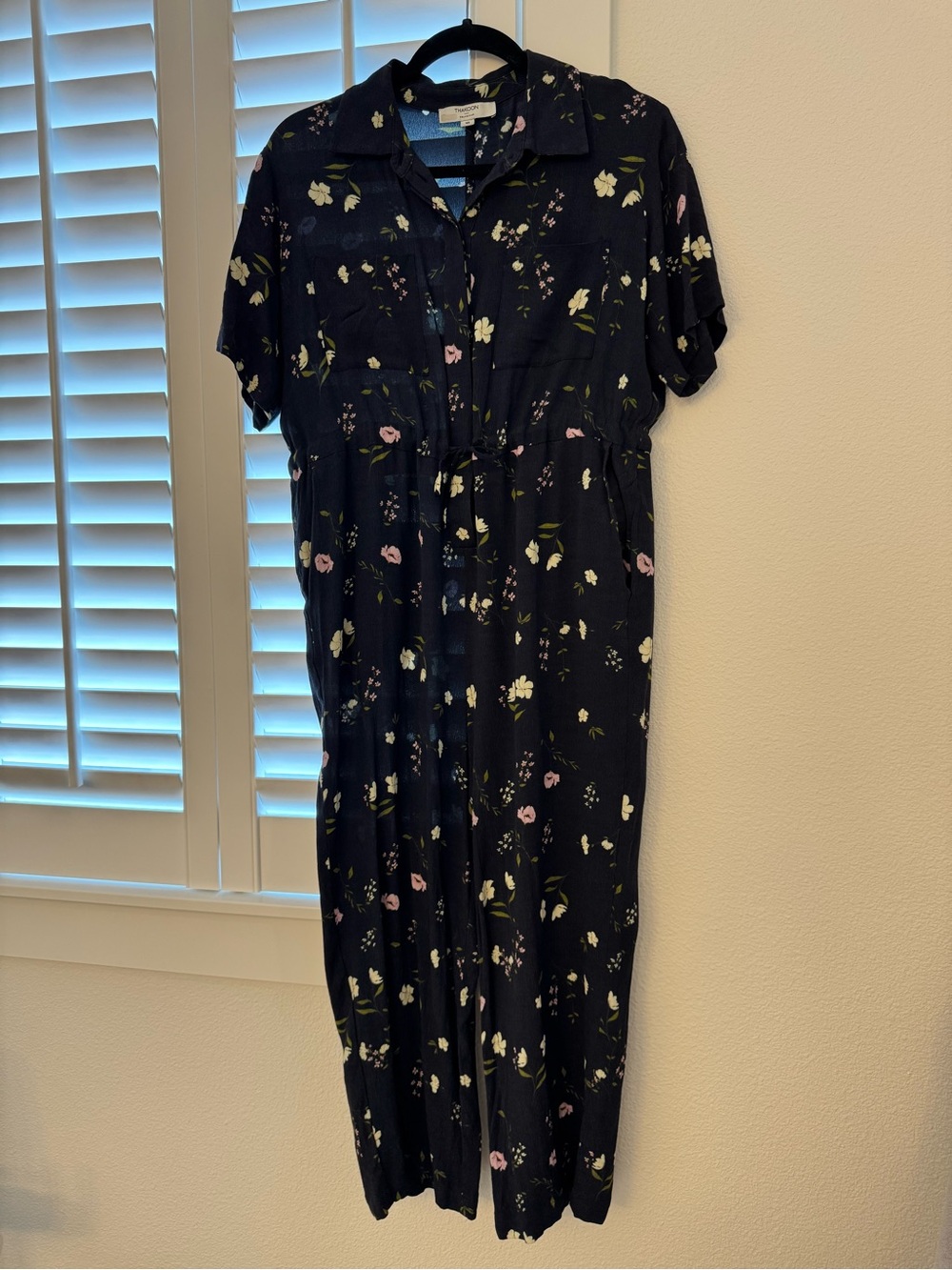 Navy Floral Button-Up jumpsuit with Pink & Cream Blooms